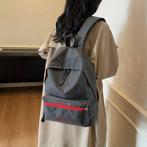 Korean Minimalist Water Resistant <b>Black</b> Plaid Nylon <b>Backpack</b> Fits 15 Inch Laptop School Commute Shoulder Bag - Product Image 2