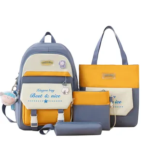 Wholesale Canvas Large Capacity 4-Piece in One High School and Primary School Bags School Backpack Set Schoolbag