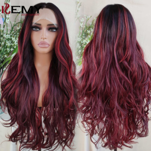 Perruque synthétique KEMY HAIR Burg résistante à la chaleur, ondulée naturelle, avec dentelle frontale, sans colle, avec raie au milieu, noire, pour femmes - Product Image 1