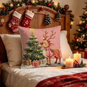 Housse de coussin décorative pour Noël, motifs Père Noël, sapin, renne, bonhomme de neige, couleur rose, pour les fêtes de Noël - Product Image 4