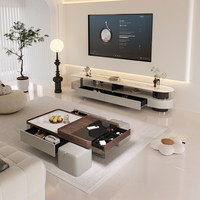 Ensemble de meuble TV et table basse en marbre et bois avec éclairage LED, design flottant noir pour salon, style moderne et luxueux
