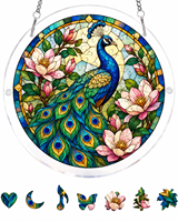 Kit de puzzle en acrylique personnalisé, attrape-soleil en verre teinté, puzzle en forme de paon bleu, décoration suspendue pour fenêtre, cadeau artisanal