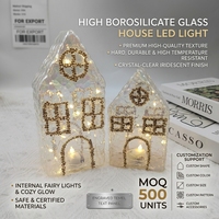 Mini maison en verre avec lampe LED, fournisseur de marque privée ODM, lumière féerique à strass pour fenêtre et porte cintrée, cadeau, décoration d'hiver pour la maison, vente en gros