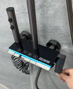 ชุดฝักบัวดีไซน์หรูหราทันสมัย ผลิตจากอะลูมิเนียมสีเทาดำ พร้อมหัวฝักบัวแบบเรนชาวเวอร์และแบบมือถือ ควบคุมการทำงานด้วยปุ่มกดแบบเปียโน - Product Image 4