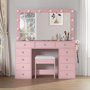 Tocador de MDF con Espejo e Iluminación, <span class=keywords><strong>Mesa</strong></span> de <span class=keywords><strong>Maquillaje</strong></span> <span class=keywords><strong>Profesional</strong></span>, Tocador para Salón de Belleza y Uñas - Product Image 3