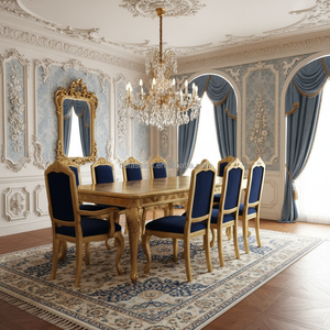 Ensemble de table à manger de luxe OE-FASHION de style baroque français, feuille d'or, bois massif, 8 places, chaises en velours bleu <span class=keywords><strong>royal</strong></span> pour villa, palais - Product Image 5