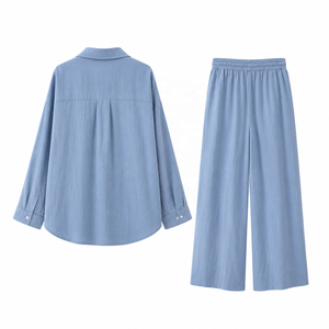 Completo due pezzi retrò da <span class=keywords><strong>donna</strong></span>, adatto per taglie forti, con <span class=keywords><strong>pantaloni</strong></span> a vita alta larghi e camicie in <span class=keywords><strong>lino</strong></span>, personalizzabile in fabbrica - Product Image 2