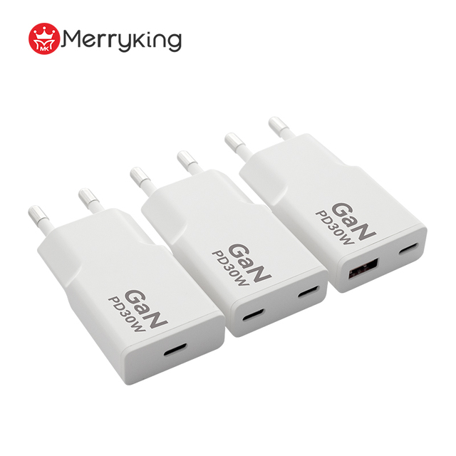 Merryking QC 4.0 Mini EU Usb-c PD30w 2 Port KC GaN Type c Adapter 30wat 30w Dual Port Wall Charger for iphone 15 16