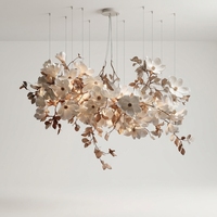 Lustre en tissu floral artistique fait main, éclairage LED doux personnalisé en option, finition chromée pour villas, hôtels, mariages