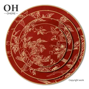 Ohere 2021 hot Sale luxury ceramic dinner set dinnerware royal red gold rim vajillas ceramic plates tableware dinner