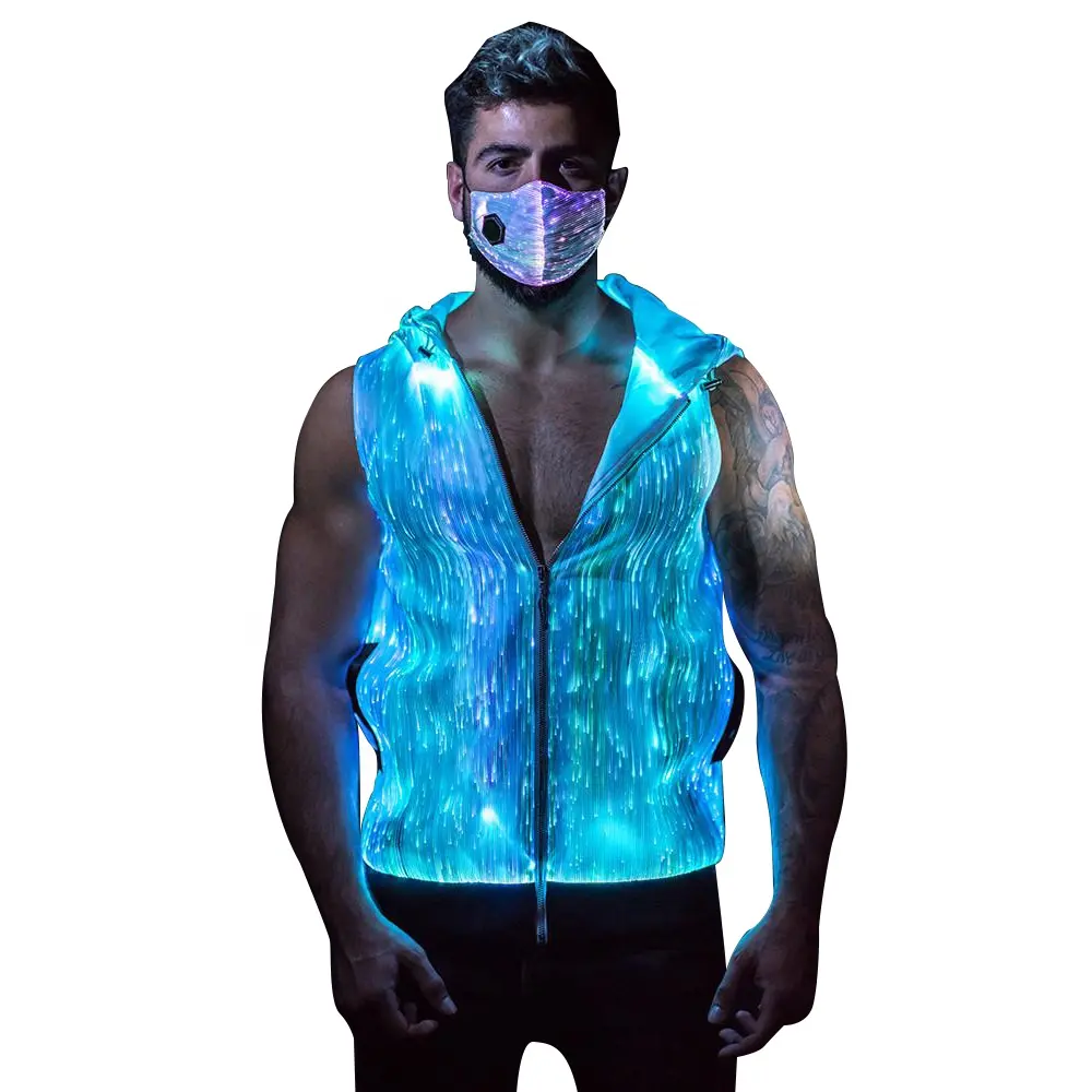 Light up con cappuccio in fibra ottica abbigliamento rave outfits usura festival Burning Man tecnologia indossabile mobile app controlled