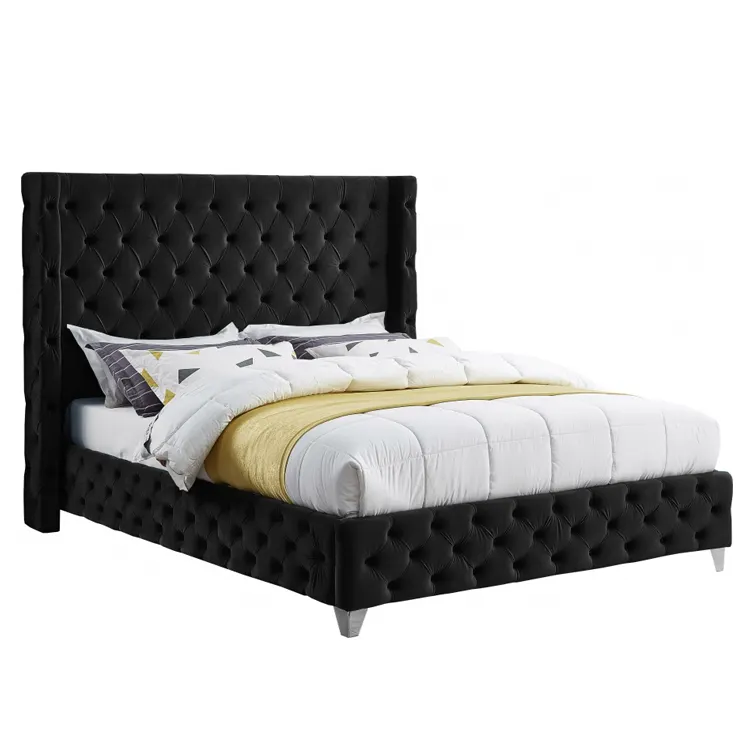 नए डिज़ाइन का आधुनिक डीलक्स बेडरूम असबाबवाला किंग बेड गुच्छेदार काला मखमली भंडारण बिस्तर