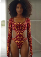 Groothandel op maat gemaakte gepatroneerde lange mouwen monokini dames carnaval feest zwempak festival rave bodysuit Caribisch Miami Jouvert kleding