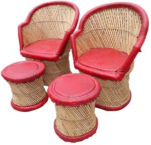 2024 chaises tuftées en cuir de canne en bambou faites à la main modernes lot de 2 avec 2 tabourets pouf ronds pour salon jardin cour - Product Image 5