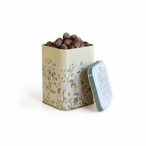 Pastel Yellow Square Metal Tin <b>Box</b> 90x90x125 mm 1L Slip Lid <b>Floral</b> Recyclable Food Grade Beverages Biscuits Candies Embossed - Product Image 2