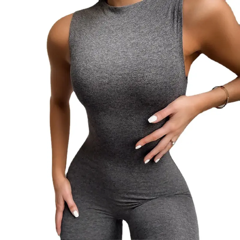 Benutzer definiertes Logo Sommer Neuankömmlinge Basic Bodycon ärmel los Plain Stram pler Frau einteiliger Overall