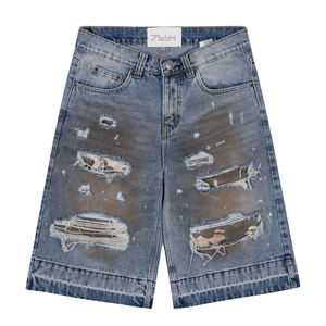 街装定制Y2K男士加大码复古复古水洗宽松迷彩补丁让·乔特撕裂仿旧脏牛仔短裤 - Product Image 1