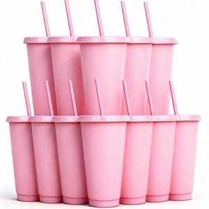 24 oz Herbruikbare Plastic Bekers, Op Maat Gemaakte Bekers voor Feestjes met Deksels en Rietjes, 12 Stuks IJs Koffie Reismokken, (12, Roze) - Product Image 1