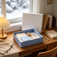 Coffret Cadeau Bleu avec Enveloppes, Journal, Fleurs Séchées, Cadre en Bois, Emballage de Bureau, Impression Papier en Gros, Ensemble Cadeau