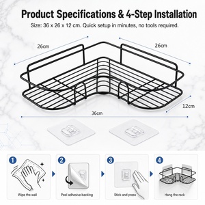 <span class=keywords><strong>Étagère</strong></span> murale adhésive sans perçage avec crochets, support d'angle en fer pour salle de bain, idéal pour produits de toilette et soins de la peau - Product Image 6