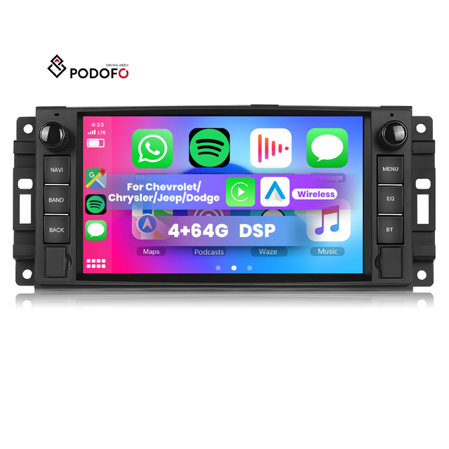 Podofo 7 Inch Head Unit 4+64GB Car Radio Wireless Carplay GPS/WiFi/BT/FM/RDS for Jeep/Chevrolet/Chrysler/Dodge OEM ODM