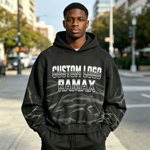 Sudadera con Capucha Corta para Hombre, Estampado de Ondas de Agua, Lavado Vintage, Hombro Caído, Estilo Urbano, OEM Personalizado - Product Image 3