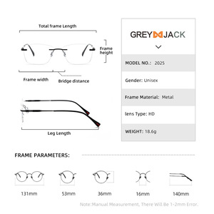 Lunettes optiques sans monture Grey Jack, monture en métal, unisexe, carrées, taille moyenne, verres acryliques, verres plano pour la vision de près - Product Image 5