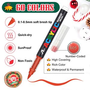 Marqueurs de peinture acrylique 60 couleurs Encre liquide permanente Pointe pinceau plate 6 mm Fournitures artistiques pour loisirs créatifs sur tissus - Product Image 5