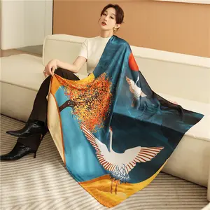 wholesale soft women new satin silk scarf with elegant crane patterns colorful shawl thin and friendly skin scarves