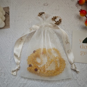 Beige Drawstring <strong>Organza</strong> Gift <strong>Pouch</strong> Custom <strong>Organza</strong> Packaging Bag With Printed Ribbon - Product Image 4