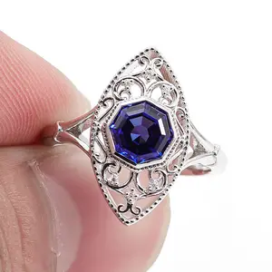 real 1ct blue sapphire with moissanite diamond wedding ring sterling silver 925 engagement ring vvs moissanite ring