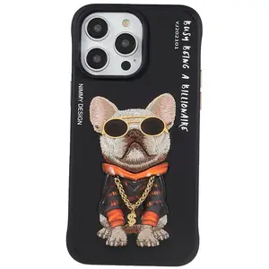 NIMMY Glasses Pet Series for iPhone 15 14 13 Pro Max Embroidery PU Leather PC TPU Case Anti drop Phone Cover