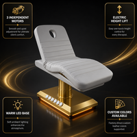 Lit de beauté électrique à 3 moteurs, colonne dorée brossée, base lumineuse LED chaude, trou pour le visage, pour thérapie, salon, spa, microblading, clinique