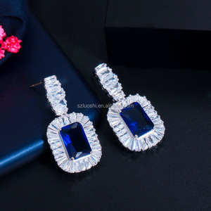 Fashion Bling Gold Plated Square Blue Cubic Zirconia Necklace Drop Earrings Women Party Jewelry Set for Wedding Brides <strong>Costume</strong> - Product Image 6