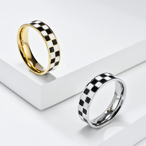 Fashion <b>Rings</b> <b>Black</b> White Checkered <b>Titanium</b> Steel Women's Square Geometric Design Gift Jewelry - Product Image 1
