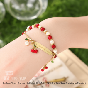 สร้อยข้อมือแฟชั่นทรงเสน่ห์ ลูกปัดสีแดงขาว จี้เชอร์รี่ ชุบทอง PVD สแตนเลสสตีล 316L ทนทาน ใช้งานได้ยาวนาน - Product Image 3