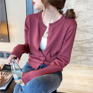 Suéter Cárdigan Ajustado para Mujer, Manga Larga, Cierre de Botones, Color Ciruela, Estilo Casual - Product Image 1