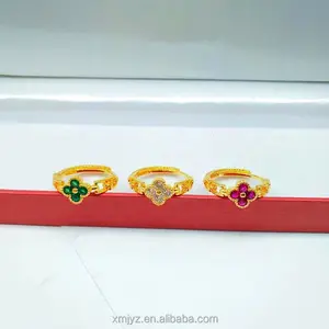 Brass Gold Plated Colorful Crystals Clover Ring Exquisite Craft Imitation Gold Clover Ring Women's Jewelry