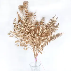 מכירה לוהטת מקורה בית משרד חתונה קישוט סימולציה זהב reticulate עלה זהב צמחים מלאכותיים פלסטיק זהב עלים