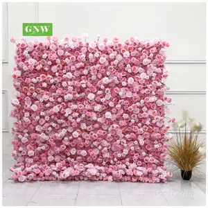 GNW卸売ピンクローズウォール高級ウェディング背景装飾3Dロールアップブラッシュピンク造花パネル