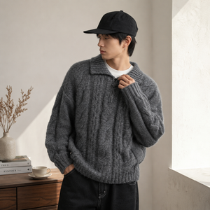 Pull-over en laine tricoté <span class=keywords><strong>marron</strong></span> pour <span class=keywords><strong>homme</strong></span> AiNear, col <span class=keywords><strong>polo</strong></span>, demi-fermeture éclair, motif torsadé, personnalisable avec logo, OEM & ODM, vente en gros - Product Image 4