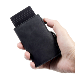 2023 Side Push Button Mens RFID Secure Anti-theft Bifold Pu Crazy Horse Leather <b>Wallet</b> Minimalist Aluminum Credit Card <b>Holder</b> - Product Image 2