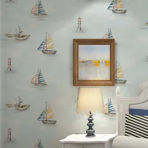 Papel tapiz de dibujos animados 3d para habitación de niños, papel tapiz azul oscuro con rayas verticales del Mediterráneo para habitación de Hotel