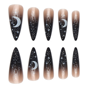 <span class=keywords><strong>Faux</strong></span> <span class=keywords><strong>ongles</strong></span> à presser pour Halloween, longs et pointus, avec étoile de lune, style français, nail art portable, application <span class=keywords><strong>facile</strong></span> pour les doigts. - Product Image 2
