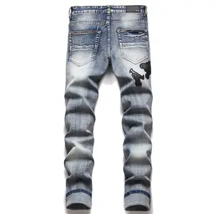 Custom ripped men jeans skinny mid waist washed plain letter print tight patches straight young boy outer wear men denim jeans