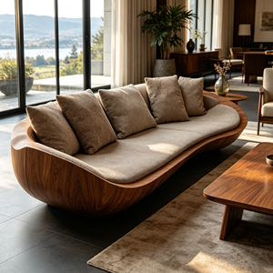 Divano con telaio in fibra di vetro rivestito in simil legno, con struttura a onda, in lino beige, per una moderna residenza con vista sul <span class=keywords><strong>montagna</strong></span> - Product Image 2