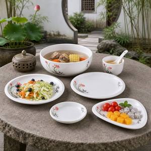 Juego de Vajilla de Melamina Estilo Chino con Diseño de Lago de Lotos Iluminado por la Luna, Elegante Vajilla con Patrón de Lotos para Uso en Restaurantes y Hoteles, con Certificación CE - Product Image 1