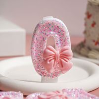 Bougie d'anniversaire rose scintillante chiffres 0-9, 7,2 cm, avec nœud 3D, pour gâteau, décoration de fête d'anniversaire de princesse pour filles