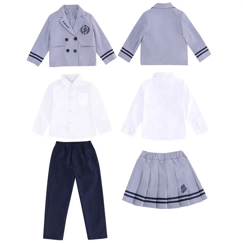Grey coat white blouse three pieces suit children's blazer custom elementary school uniforms