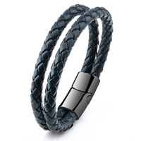 Mode minimaliste bracelets pour hommes logo personnalisé noir PVD plaqué fermoir double couche en cuir bracelet pour hommes père bijoux